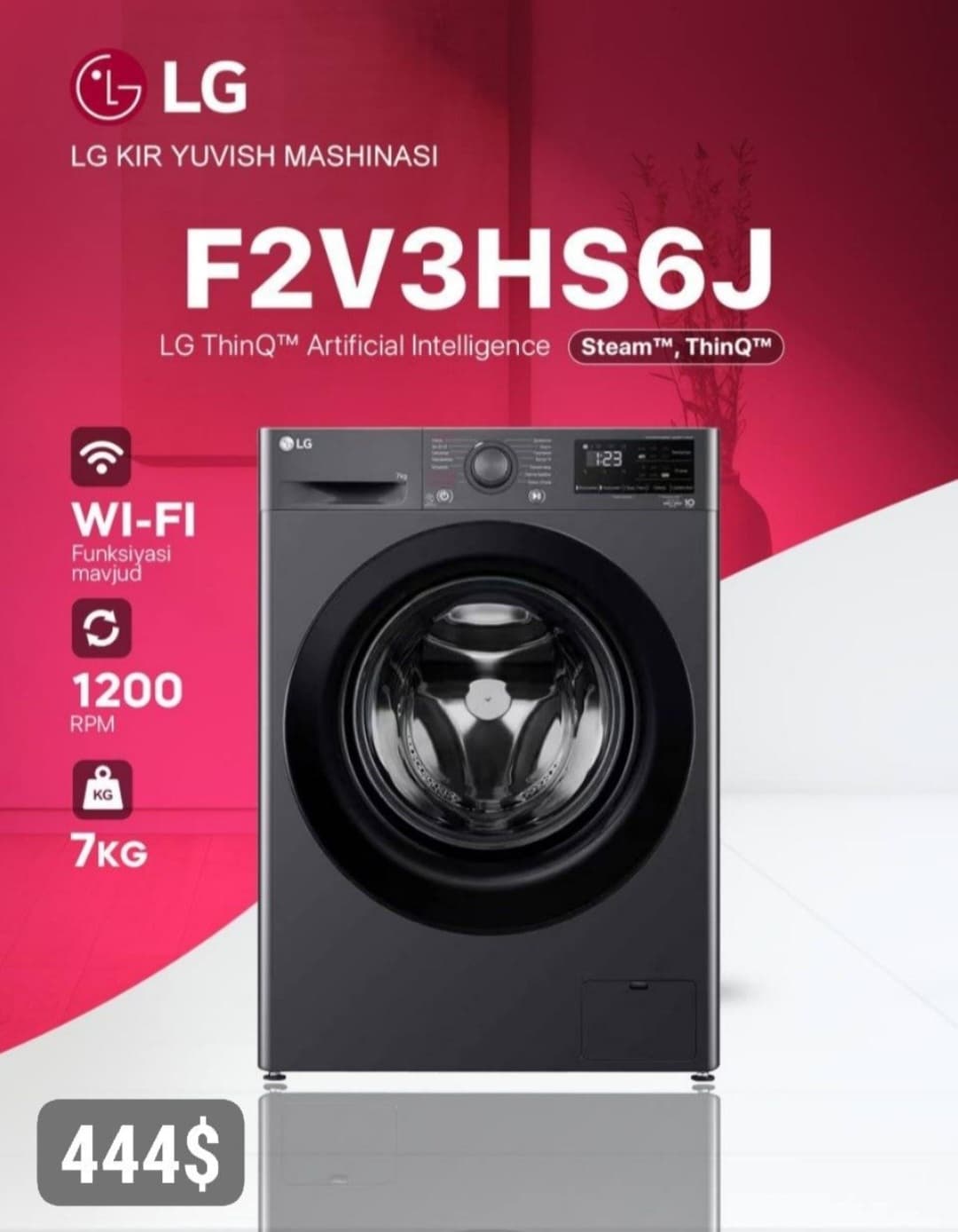 LG F2V3HS6J  kir yuvish mashinasi bug'li, 7 kg