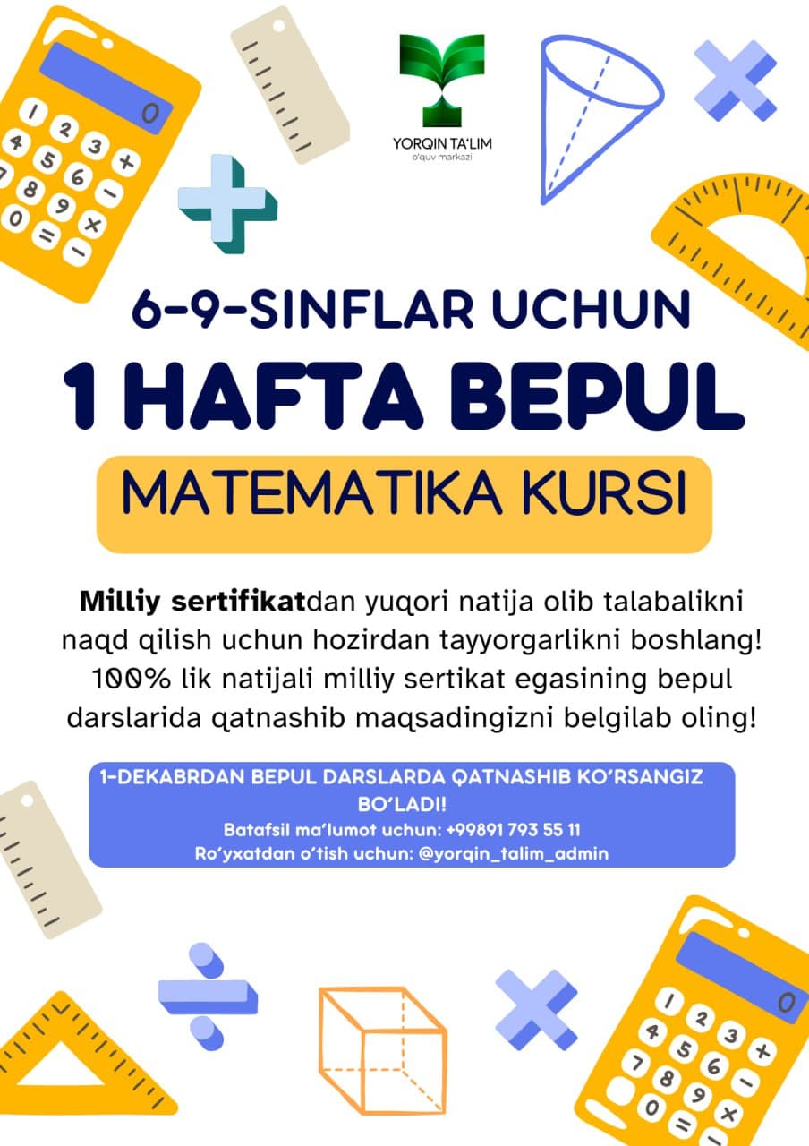 6–9-sinflar uchun 1 HAFTA BEPUL MATEMATIKA DARSI!