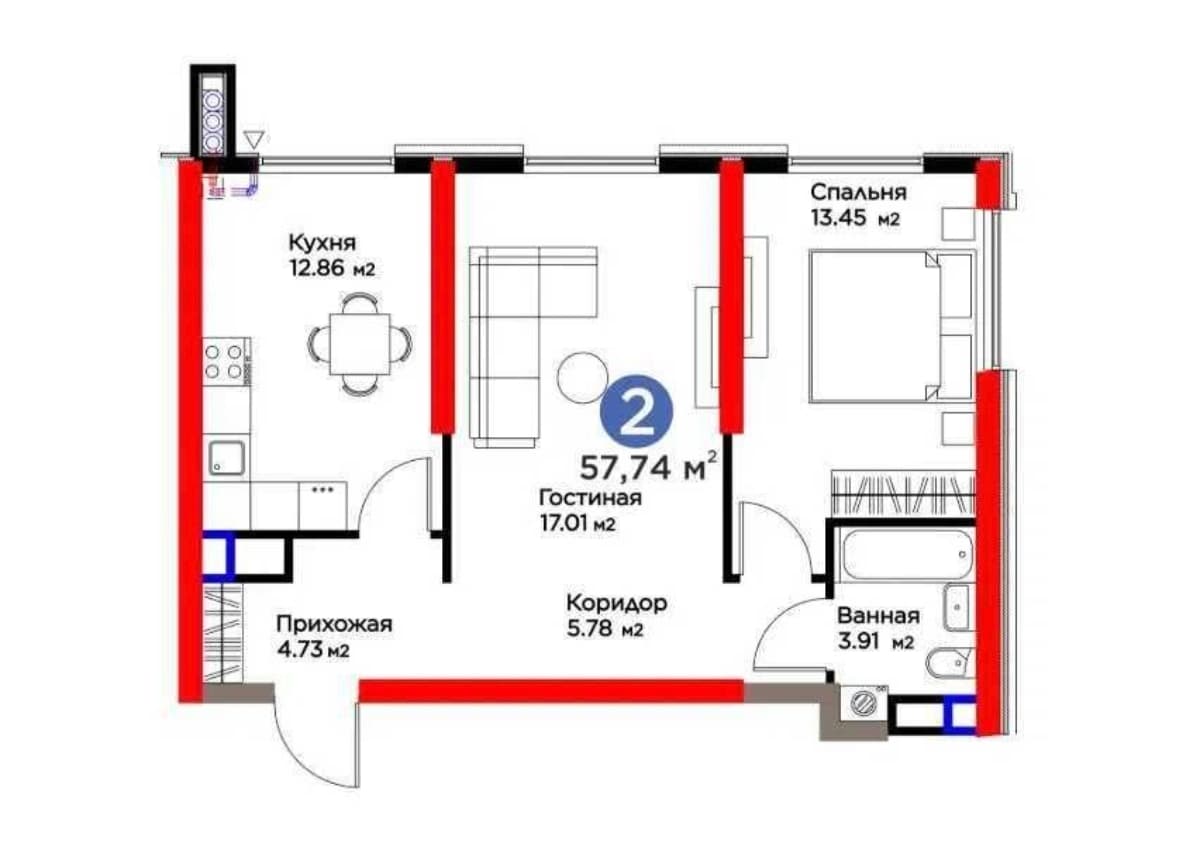 RESIDENTIAL COMPLEX BI SAN'AT 2-room apartment 57.74 m2. Tashkent city, Fergana Yuli street
