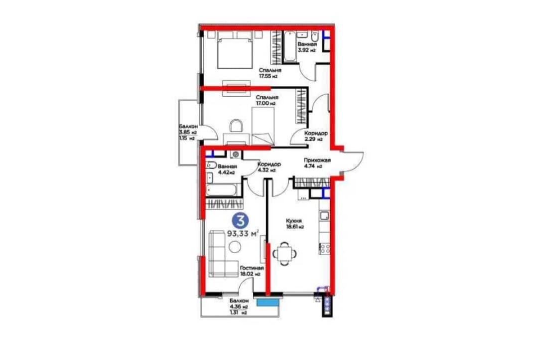 RC BI SAN'AT 3-room apartment 93.33 m2. Tashkent city, Fergana yuli street