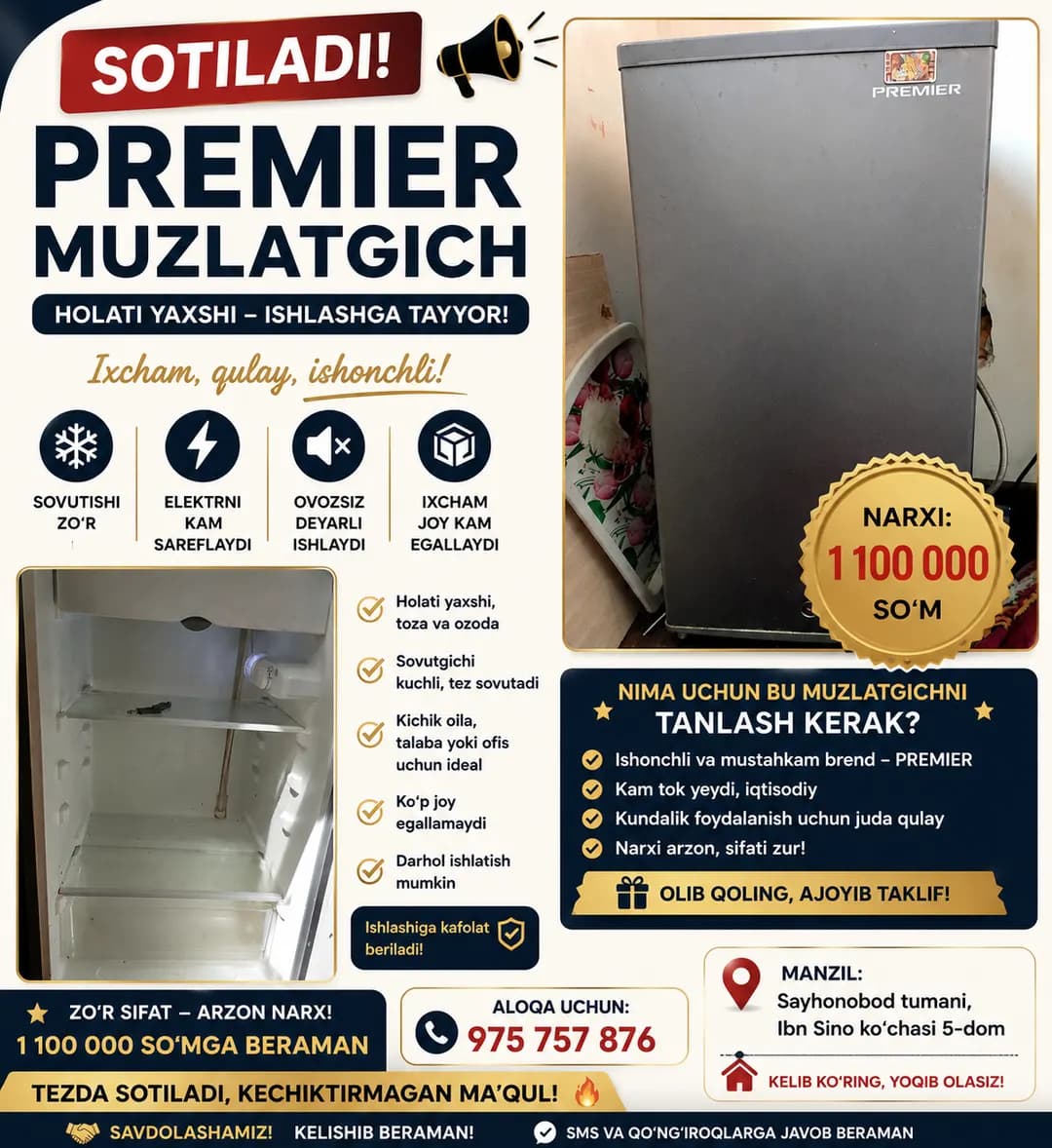 muzlatgich sotiladi