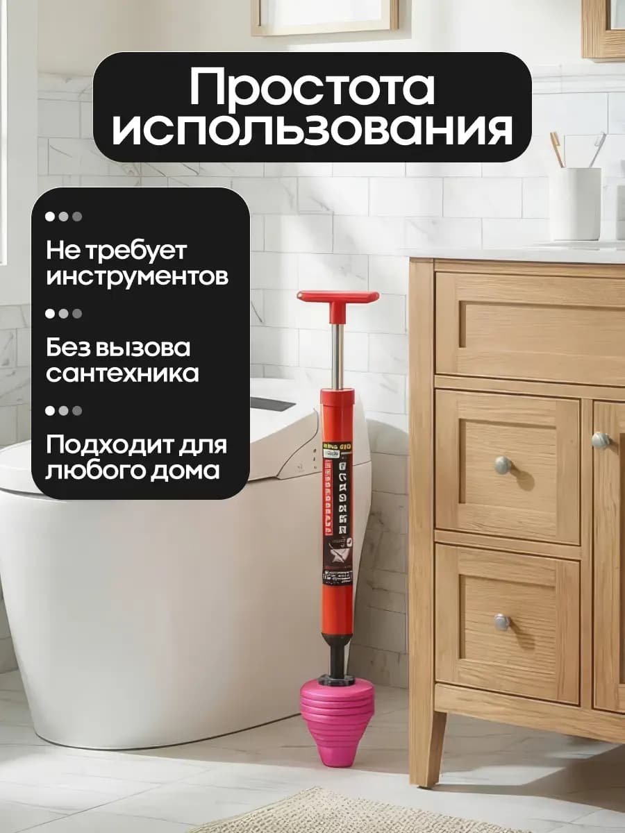 Плунжер помпа для устранения засоров в унитазе, раковине и ванной