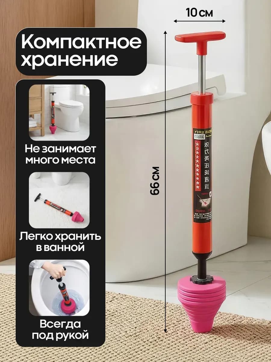 Плунжер помпа для устранения засоров в унитазе, раковине и ванной