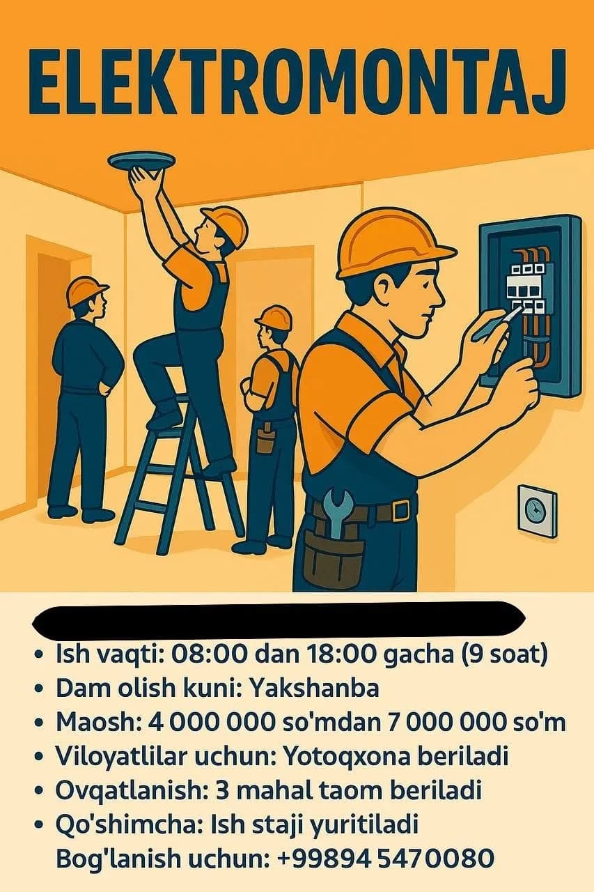 Verdi stroy 18 yoshdan katta electrician yunalishi buyicha yigitlarni electrical installations kasbiga sukhbat asosida ishga takilf