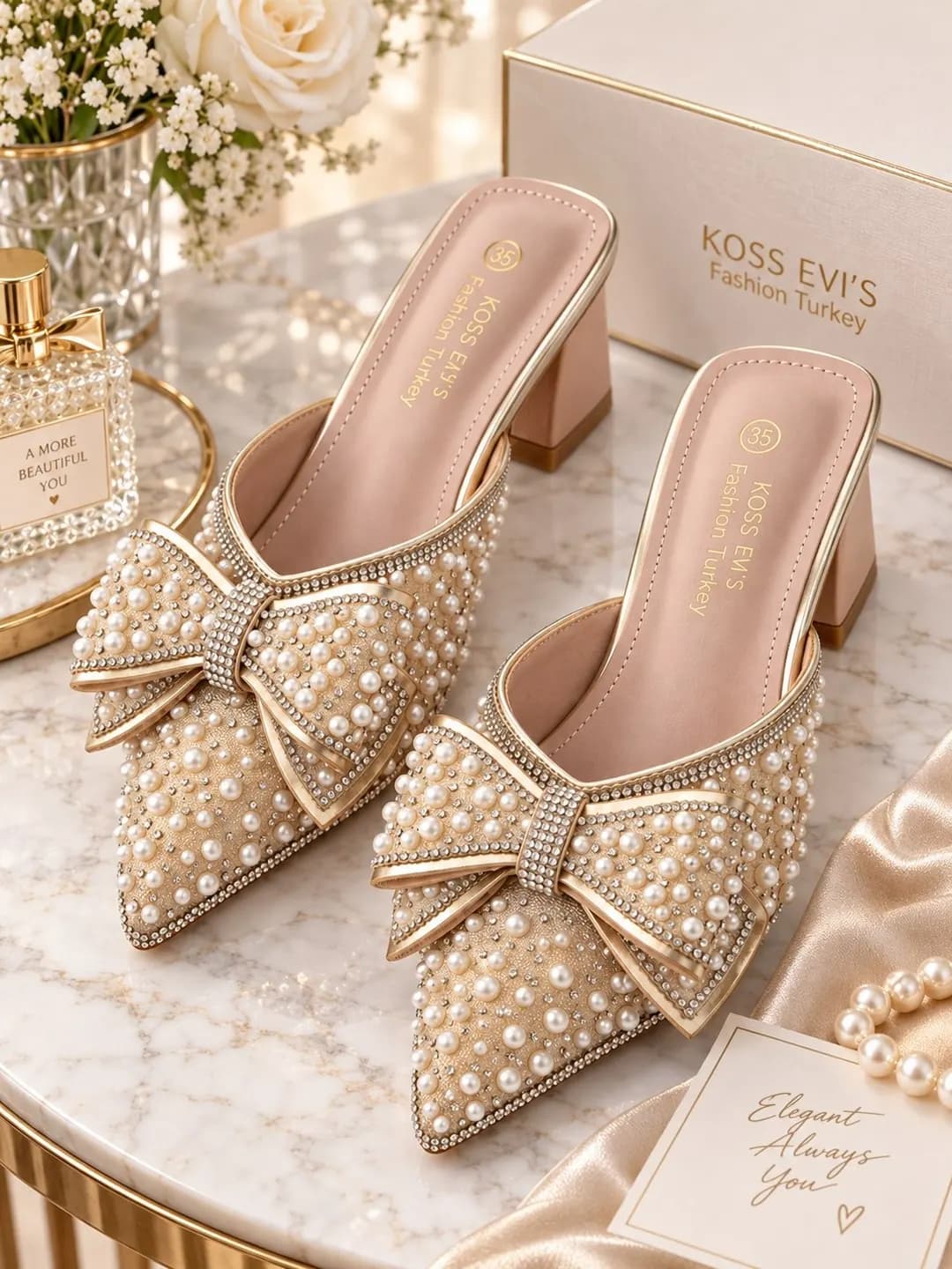 Women's champagne-colored shoes with pearls for sarpabop and party