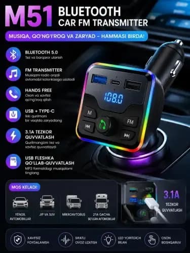 Car Bluetooth FM Modulator M51 – Hands Free and USB Charger