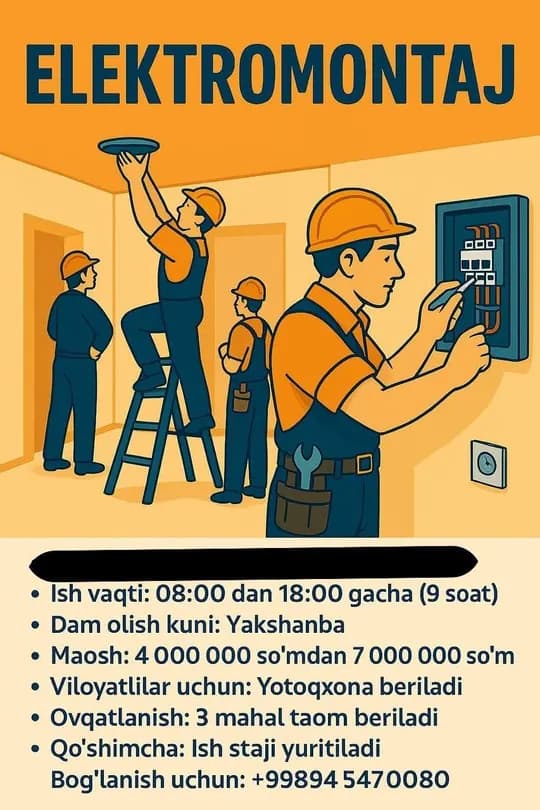 Verdi stroy 18 yoshdan katta electrician yunalishi buyicha yigitlarni electrical installations kasbiga sukhbat asosida ishga takilf